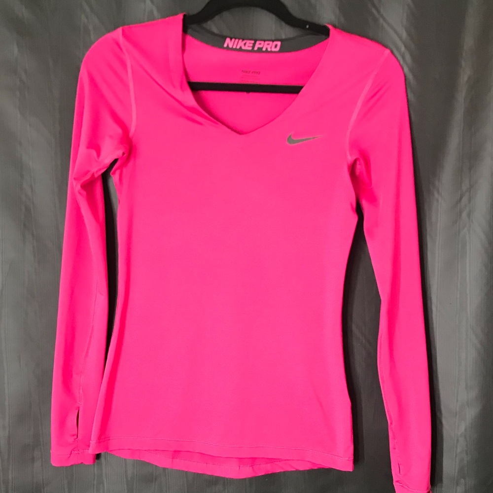 Nike pink woman's dri fit v-neck long sleeve